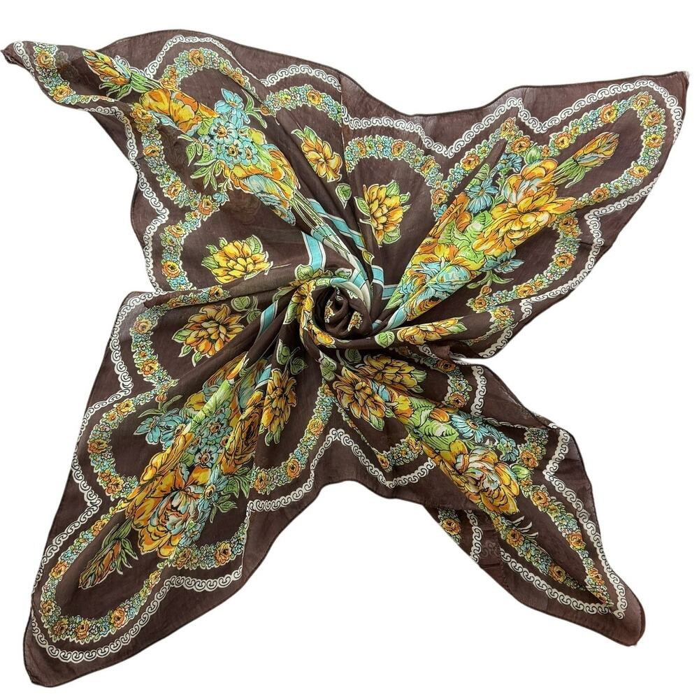 Vintage Silk Scarf Brown Turquoise Floral Paisley 33x33 Square Boho Bandana